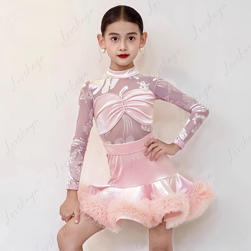 

Latin Dance Costume for Girls' Dance Training Training Suit with Long Sleeves, High-end Half-length Skirt for Performance