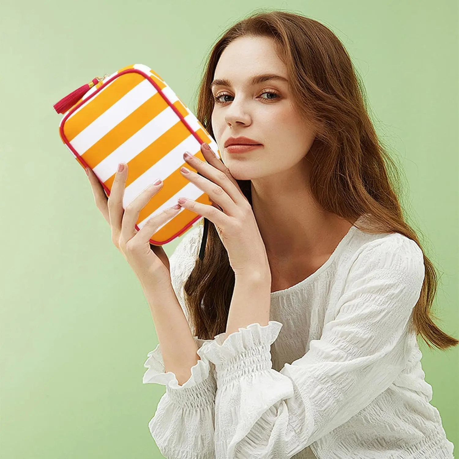 Große gestreifte tragbare Kosmetiktasche für Damen, Make-up-Tasche mit Quasten und Reißverschluss, große Kapazität, lässige Tragetasche mit Reißverschluss – Detail 5