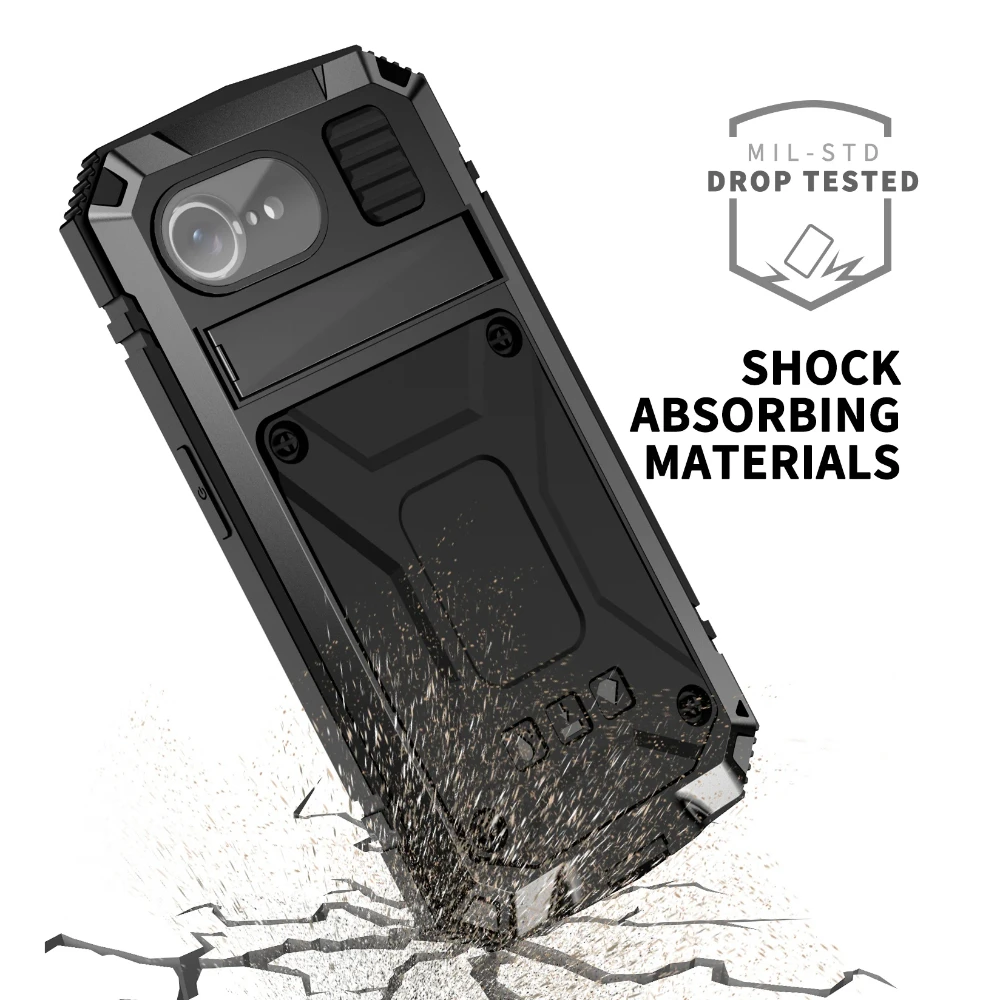 

For iPhone 16e 16 Pro Max 16 Plus Heavy Duty Metal Phone Case Shockproof Aluminum Silicone Armor Cover Screen Protect With Stand