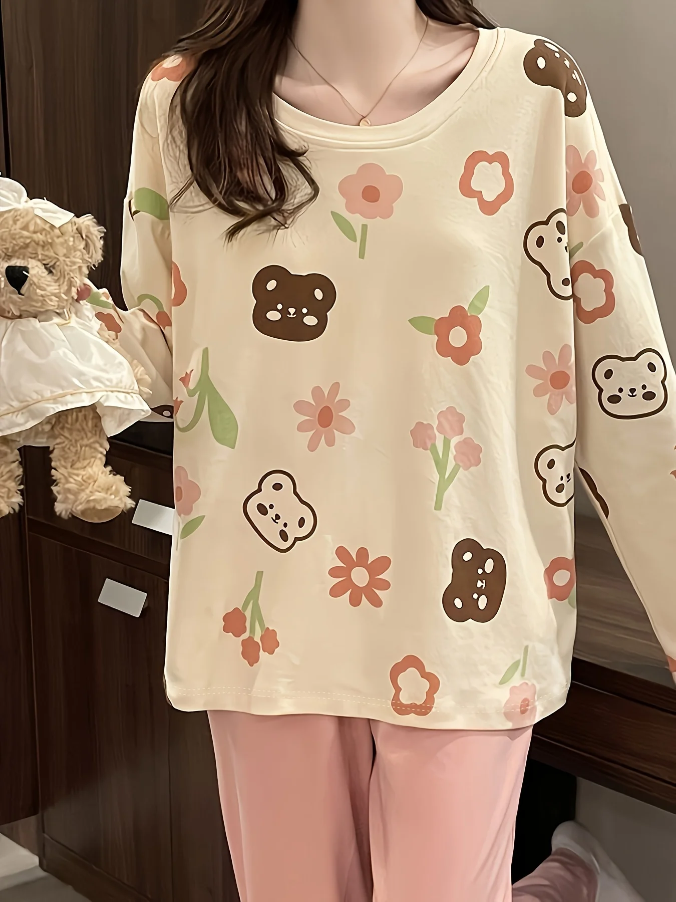 

Women's Autumn Long-Sleeve Long-Pant Pajama Set - Bear Print, Casual Wearable 2-Piece Loungewear