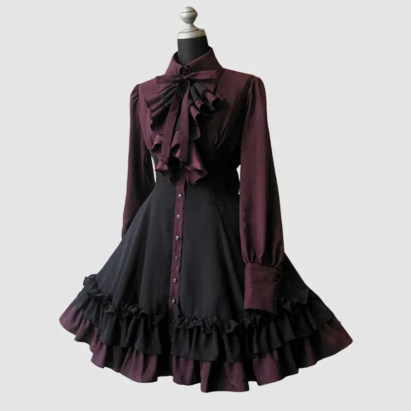

Medieval Retro Black Gothic Women Lolita Dresses Bow Collar Pleated Lace Up Goth Vintage Chic Jurken Dress ,[6jh