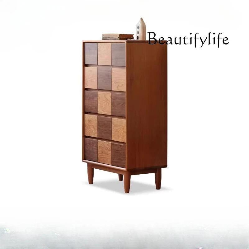 Retro Chest of Drawers Cherry Wood Black Walnut Chessboard Drawer Cabinet Bedroom Solid Wood Locker