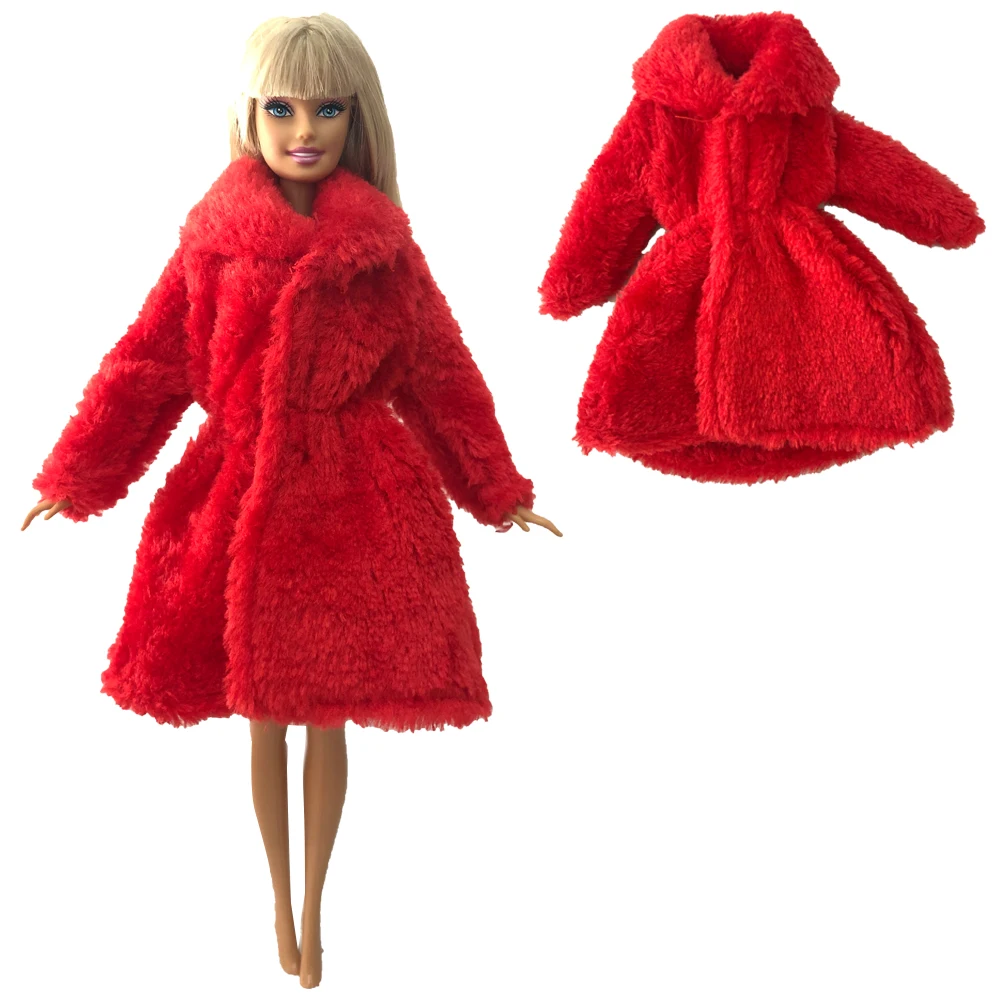 NK Official 1 Set Doll Red Dress Long Sleeve Soft Fur Coat Clothes for Barbie Doll Toy Winter Warm Casual Wear Accessories