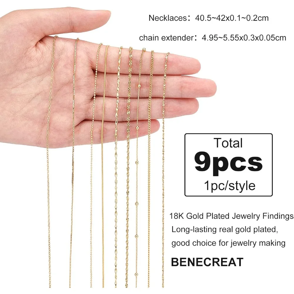 9Pcs 9 Style 18K Gold Plated Brass Chain Necklaces Set, Bulk Metal Chains with 1Pc Metallic Wire Twist Ties for Jewelry Making