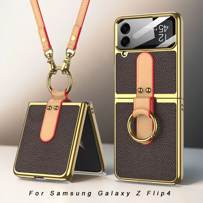 

Роскошный кожаный ремешок с покрытием для Samsung Galaxy Z Flip 4, стеклянный экран, рамка, кольцо-держатель, чехол для Galaxy Z Flip 4, чехол