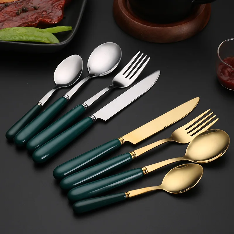 Ceramic Handle  Stainless Steel Spoon Fork Steak Knife Tableware Green Golden Teaspoons Home Cutlery Set New Kitchen Utensils