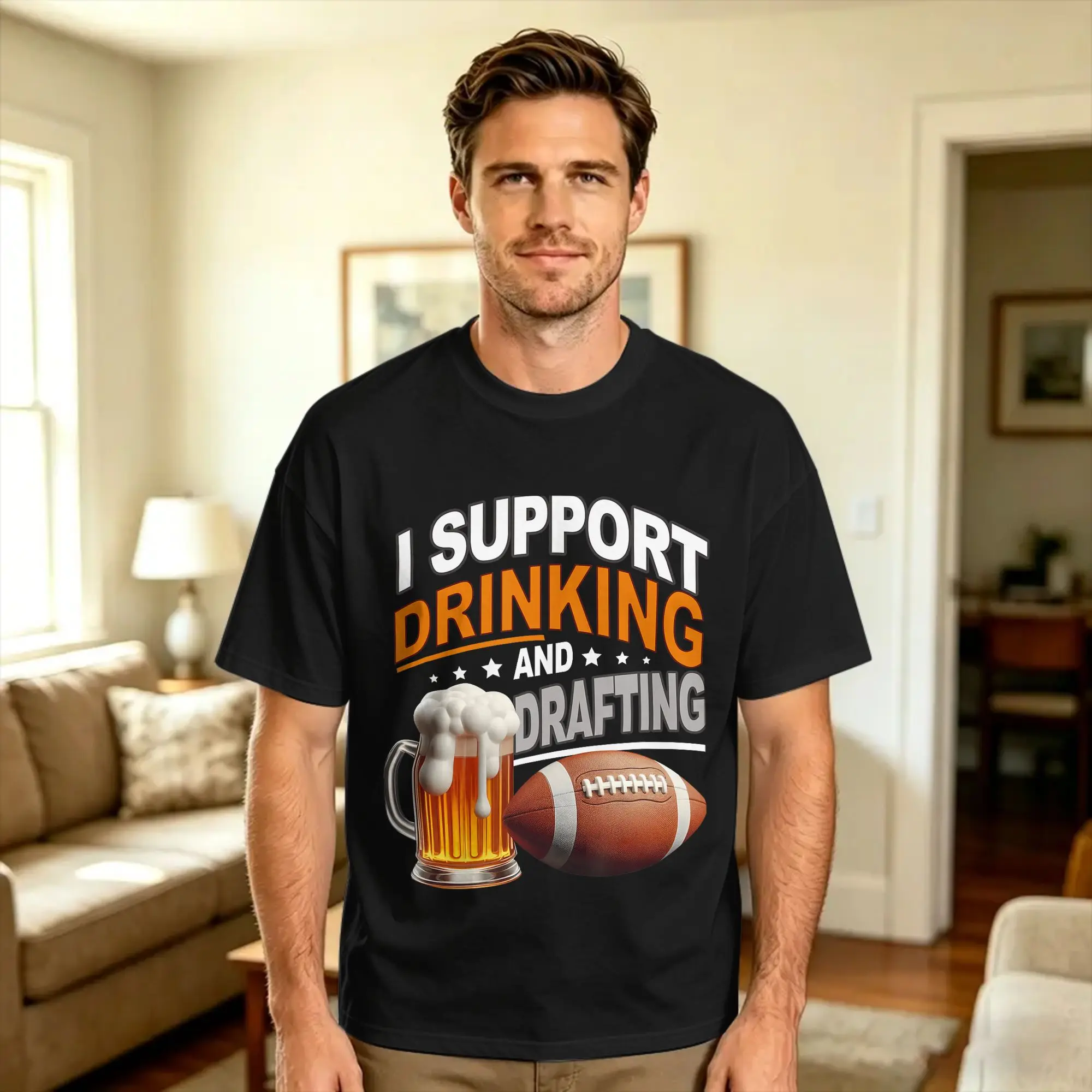 I Support Drinking and Drafting Draft Party T Shirt Summer  Pure Cotton T Shirts For Men Casual Tee Shirt Short Sleeves Top Tees