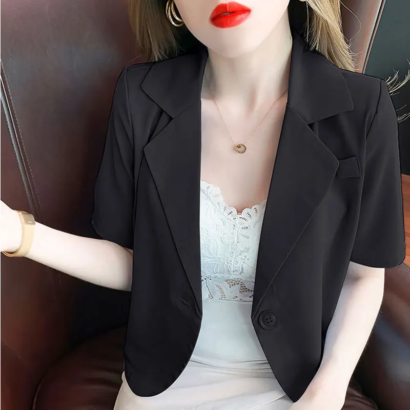 Summer Office Lady Solid Color Blazers Stylish Single Button Women\'s Clothing Short Sleeve Casual Spliced Lapel Loose Suits 2023