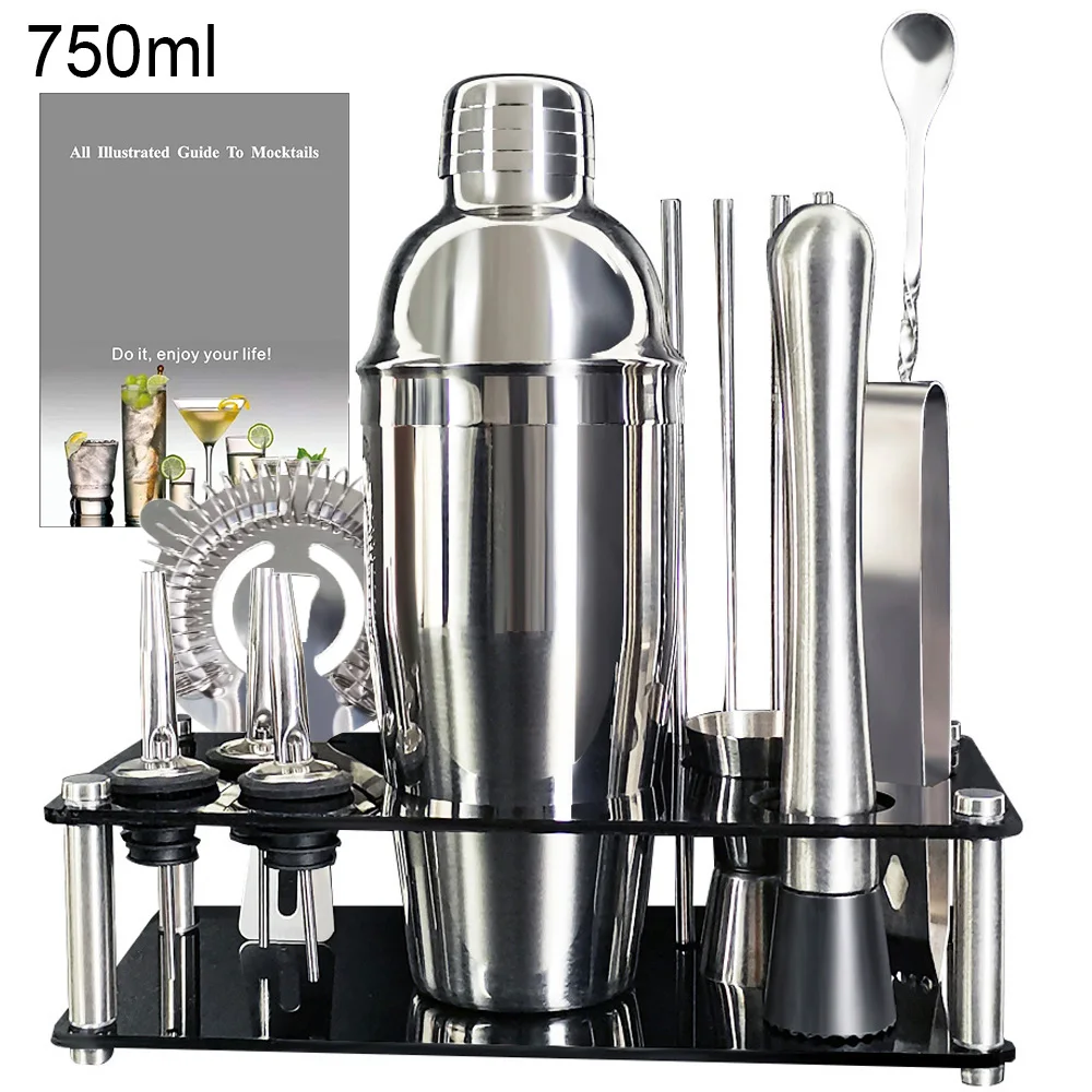 13 Piece 750ml 600ml Cocktail Shaker Set Stainless Steel Bar Tools with Black Stand, 750ml Shaker, Jigger, Spoon, Pourers