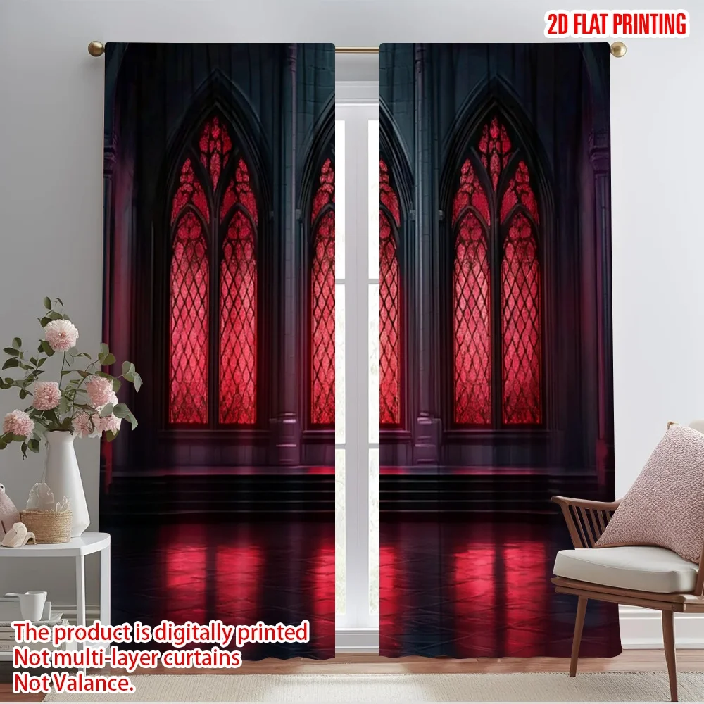 

2pcs 2D flat printing Halloween Scene Curtains Gothic Fabric Without Electricity Spring Party & Holiday Decor Perfect for Photo