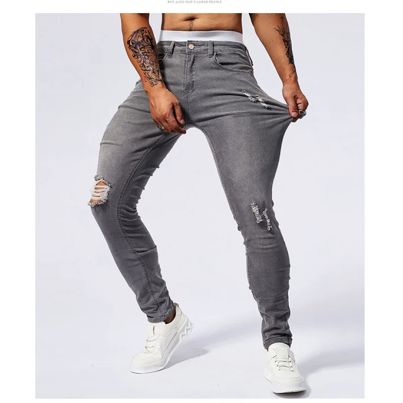 

Fashionable American style distressed jeans for men's 2024new summer thin stretch slim fit small foot tight classic street pants