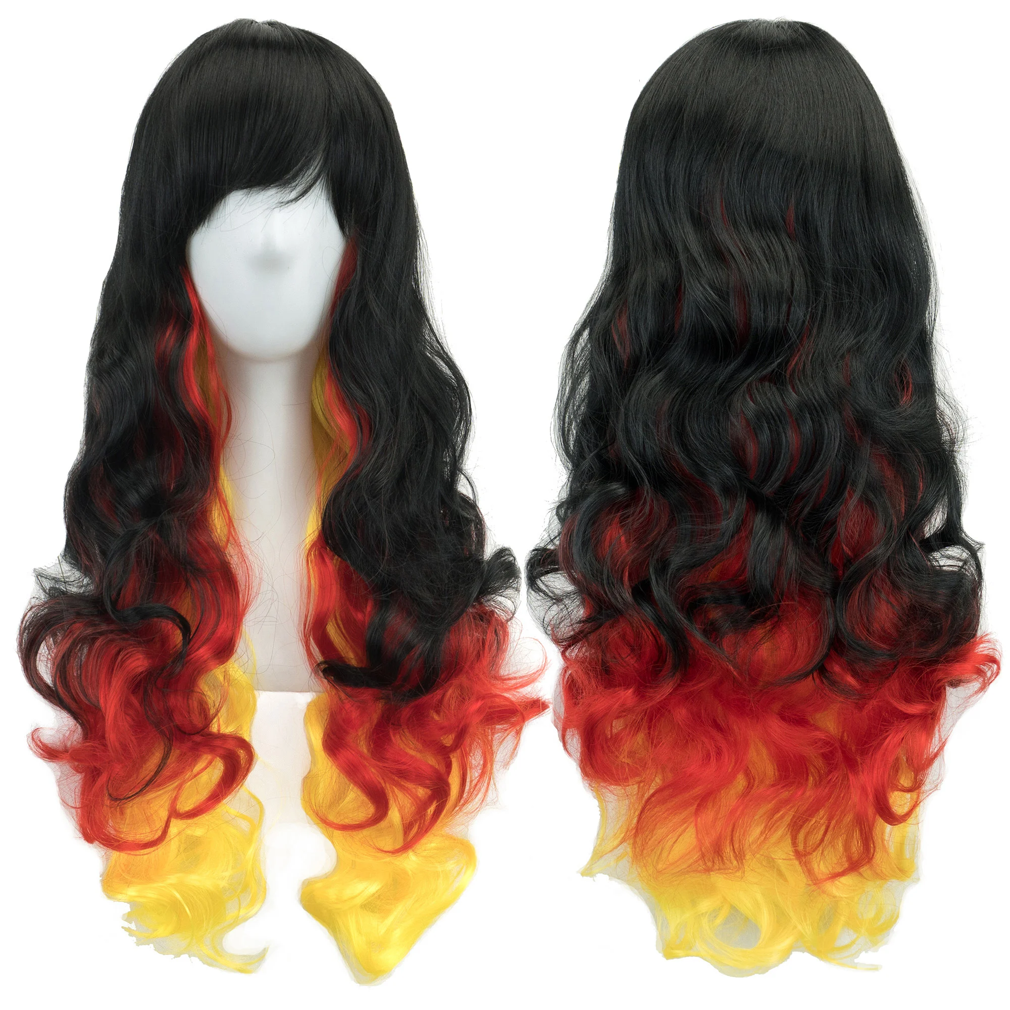 

Soowee Black Red Yellow Ombre Color Curly Hair Cosplay Wigs with Bangs Halloween Costume Wig for Women