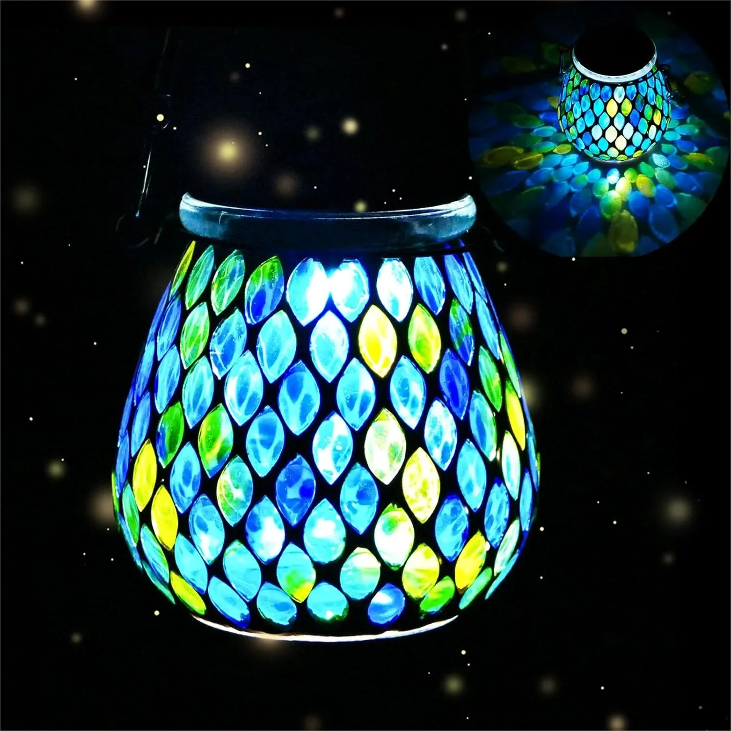 

Mosaic Blue Solar Lanterns Outdoor Glass Hanging Lights With Table Lamp Function For Garden Patio Yard Party Decoration