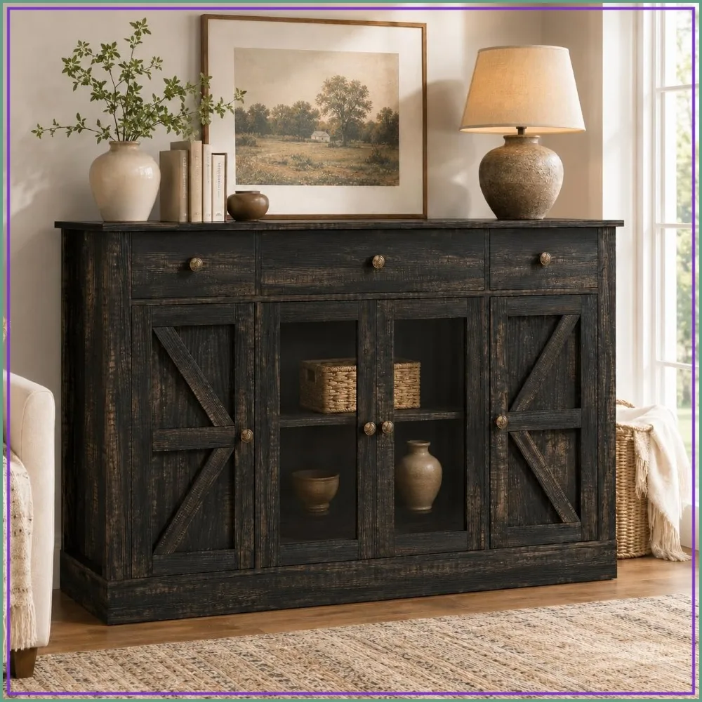 55" Plexiglass, Rustic Oak Coffee Bar Cabinet 4 Doors, 3 Drawers, Adjustable Shelves Dining Room
