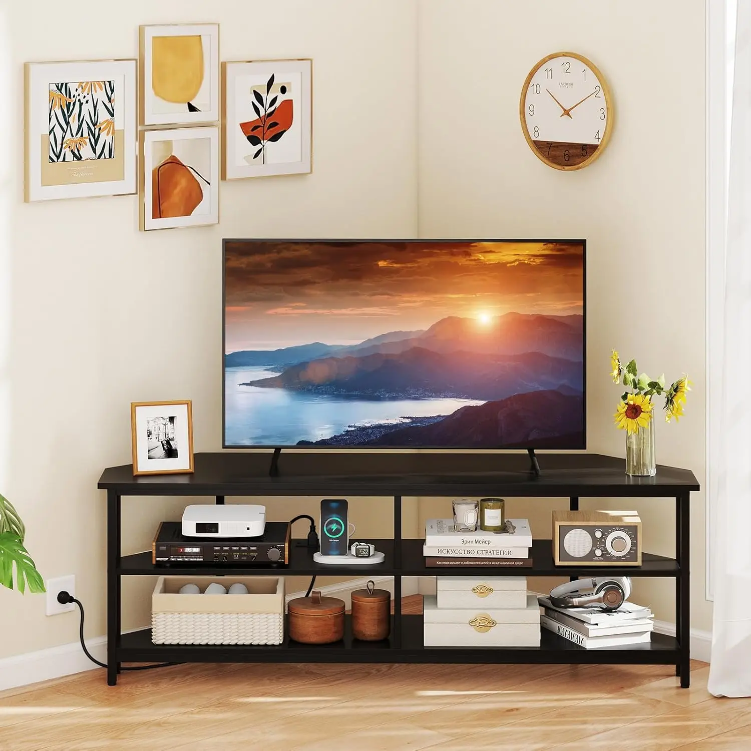 

Corner TV Stand w/ Power Outlet Storage Shelves Metal Frame Media Console 65in Living Room Bedroom, Customized