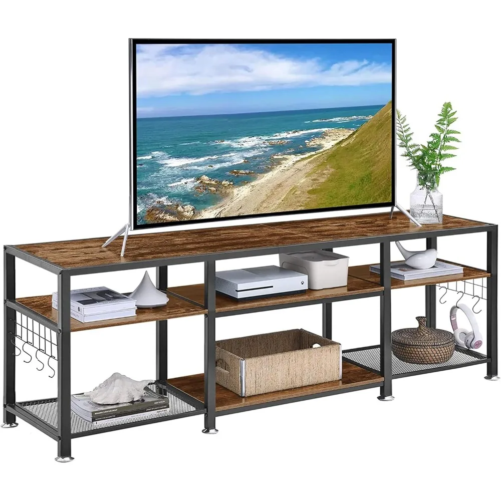 

TV Stand for Televisions up to 75 Inch, Industrial Entertainment Center with 3-Tier Open Storage Shelves& Hooks