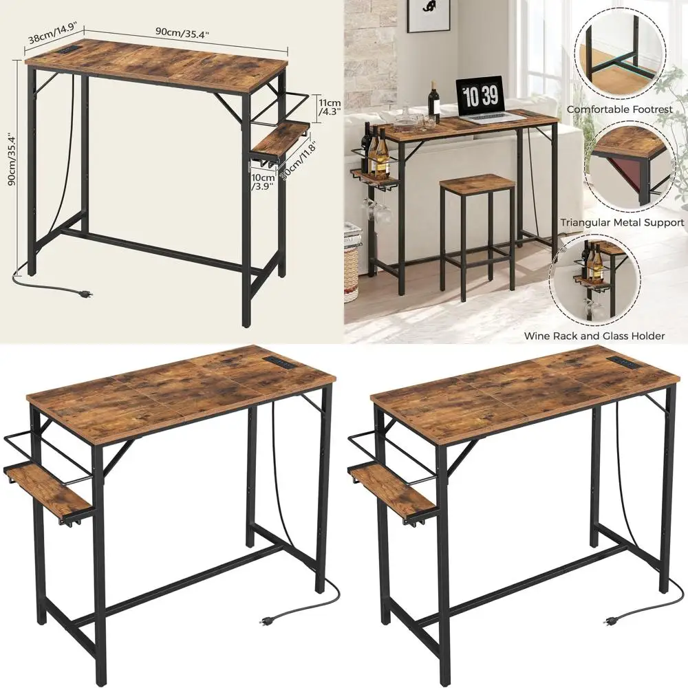 

35.4 Counter Height Bar Table with Charging Station, Rectangular Pub Table featuring Wine Rack & Glass Holder, Ideal for Kitchen