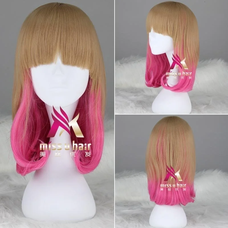 Short bob wig with two claw ponytail extension of pink brown hair ombre synthetic hair cosplay lolita wig for heat resistant