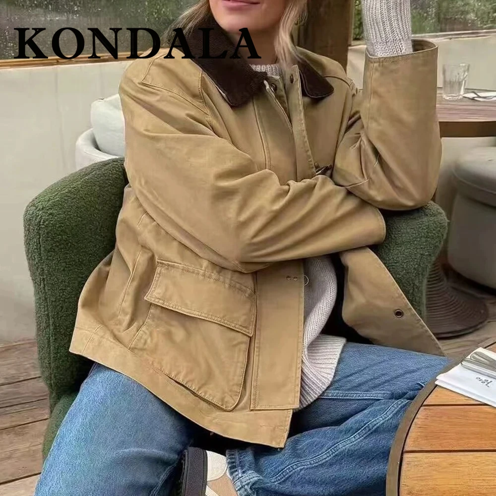 

KONDALA шикарная женская коричневая уличная куртка с вельветовым воротником и застежкой-крючком, зимнее повседневное пальто большого размера с карманами, модная верхняя одежда 2025 г.