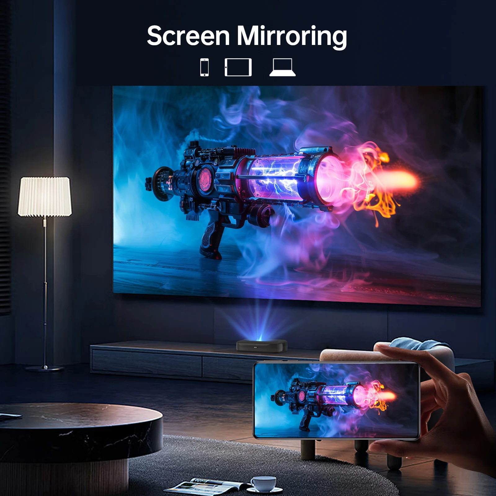 GTV Full HD 1080P Ust جهاز عرض ليزر المسرح المنزلي Dlp H2Mini جهاز عرض ذكي 1200 ANSI يدعم 4K MAX 160 "رمي قصير جدًا #5