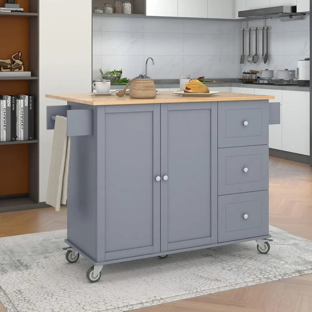 Rolling Kitchen Island with Drop-Leaf Tabletop, Wooden Kitchen Cart Breakfast Cart with Large Cabinet, Spice Rack, Towel Rack