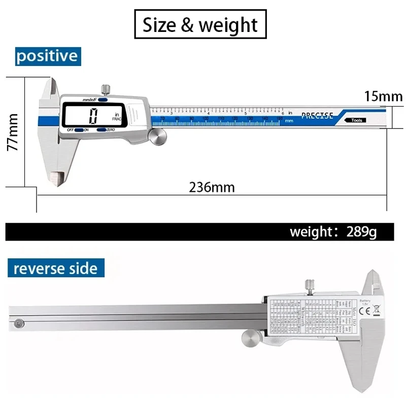 ET52 150mm 0.01mm Electronic Digital Caliper Stainless Steel Vernier Caliper Inch mm Fraction Display Micrometer Digital Ruler