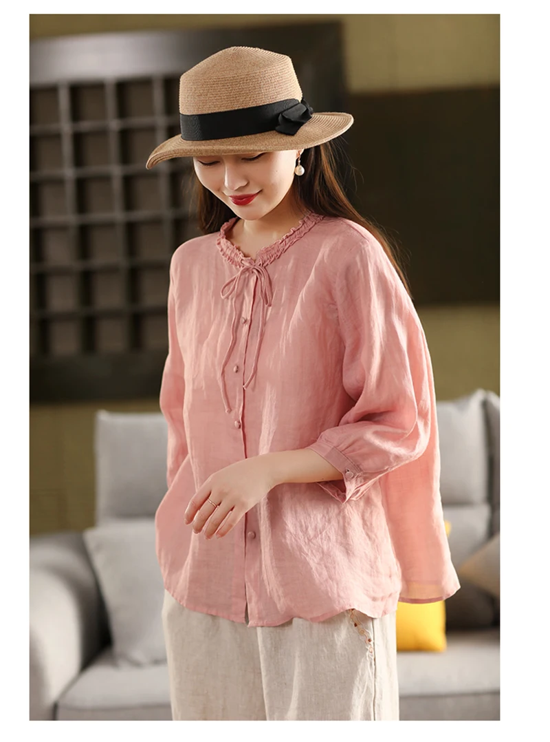 100% Natural Pure Linen Women's Shirt, Light Blue Black Ear Collar Lace-up Top, Elegant Women's Business Casual Spring Summer