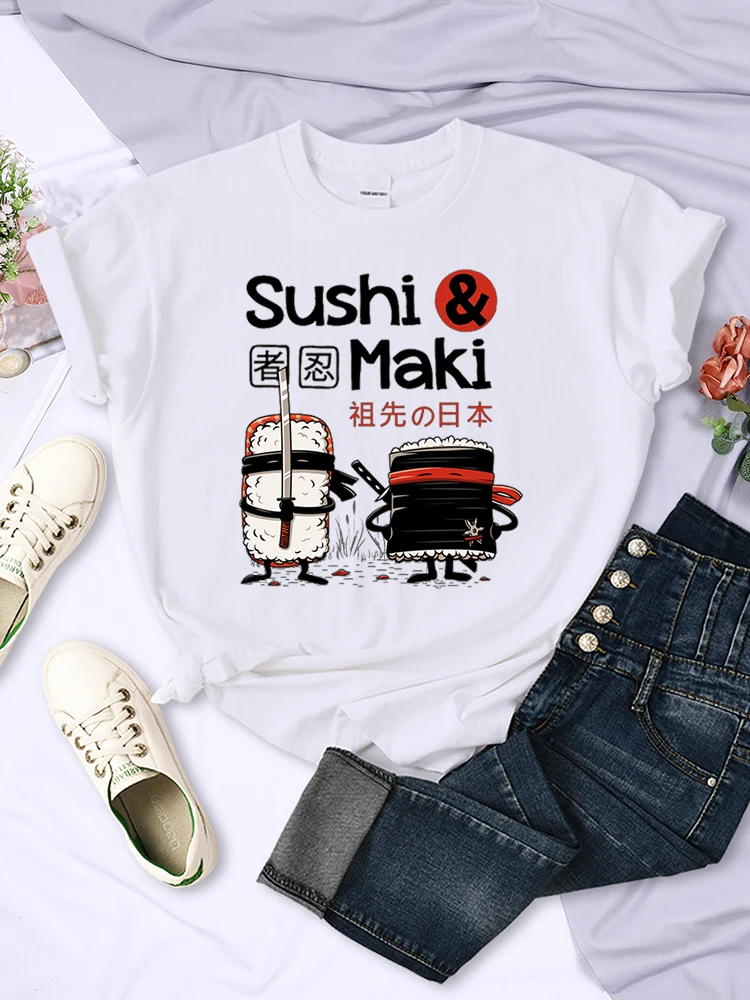 Japan Comics Ninja Sushi Print Odzież damska Ponadgabarytowe letnie topy O-Neck Modna koszulka Oddychająca koszulka damska