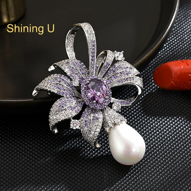 

Shining U Purple Gems Simulated Pearl Flower Brooch for Women Fashion Accessory