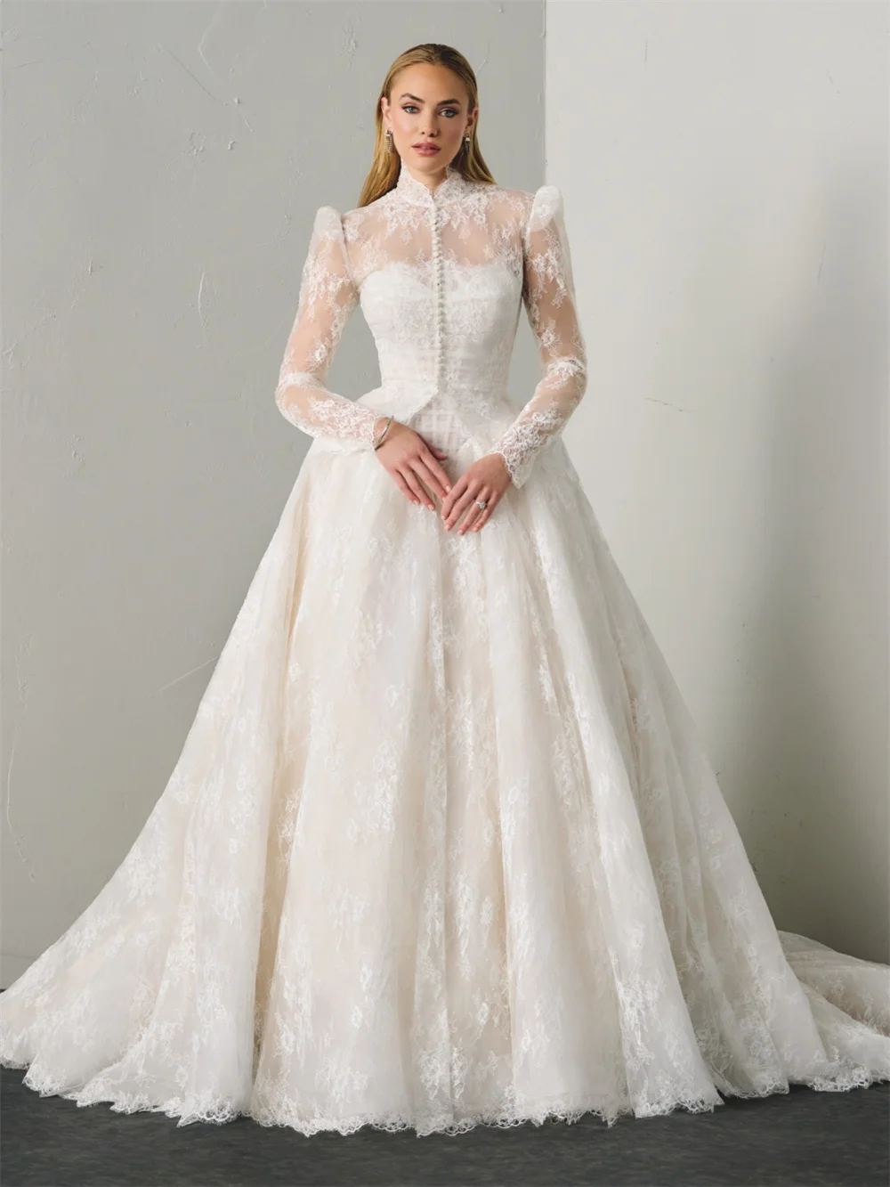 Tokyo Custom White High Neck Long Sleeve Lace Wedding Dress Sheer Puff A Line Bridal Gown Elegant Formal Evening Wedding Gown