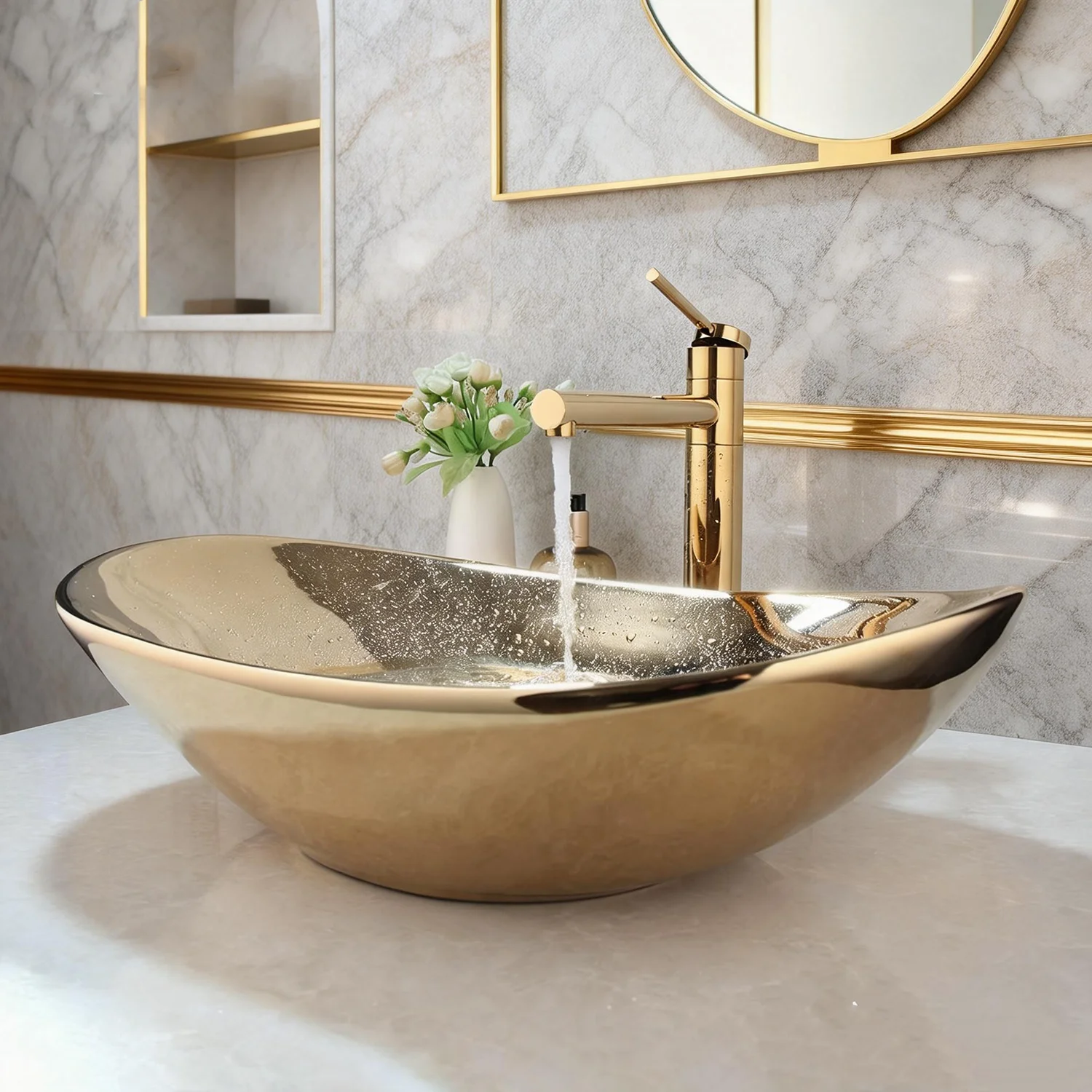 Torayvino Ceramic Basin Sink Set w/ Gold Faucet & Pop-Up Drain Bathroom Vanity Washbasin Vessel Sink for Luxury Home Bathroom