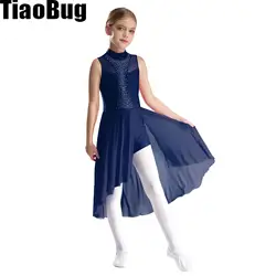 Kids Girls Chiffon Ballet Dress Sleeveless Mock Neck Cutout Back Side Split Asymmetrical Hem Sparkly Rhinestone Dance Dresses