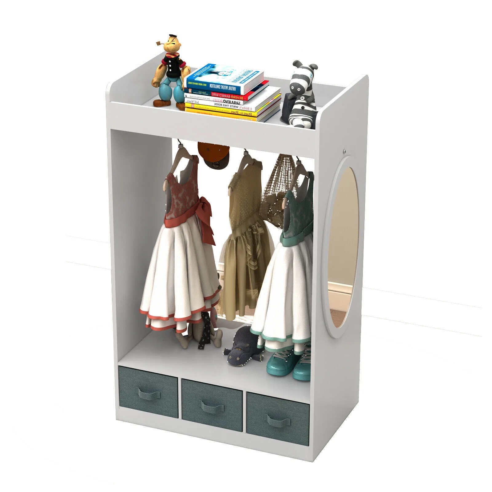 US Kids Dress Up Storage Costume Organizer Open Hanging Armoire Closet w/ Mirror kU