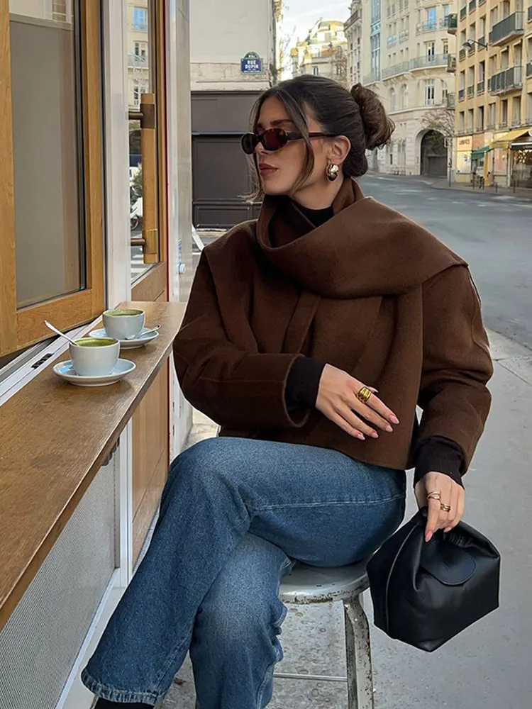 

Winter Warm Woolen Jacket Women 2025 Casual Loose Short Coat Scarf Collar Buttonless Outerwear Comfortable Office Commuting Wear