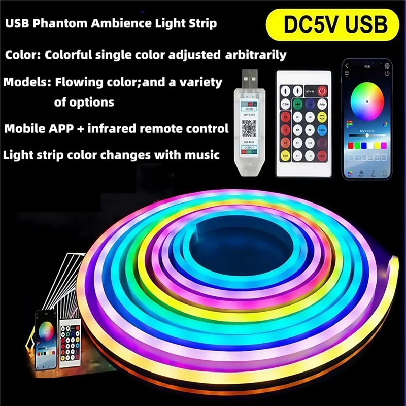AT05-RGBIC LED Strip Lights DC5V Neon Rope Light With Music Sync DIY RGB Atmosphere Light Strip Tape For Home Decor Lighting 5 M