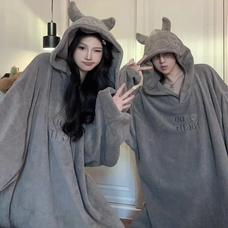 Winter Couple Grey Nightwear Plush Thickened Jumpsuit Hooded Sleepwear Women Long-Sleeve Keep Warm Cute Pajamas Homewear Onesies