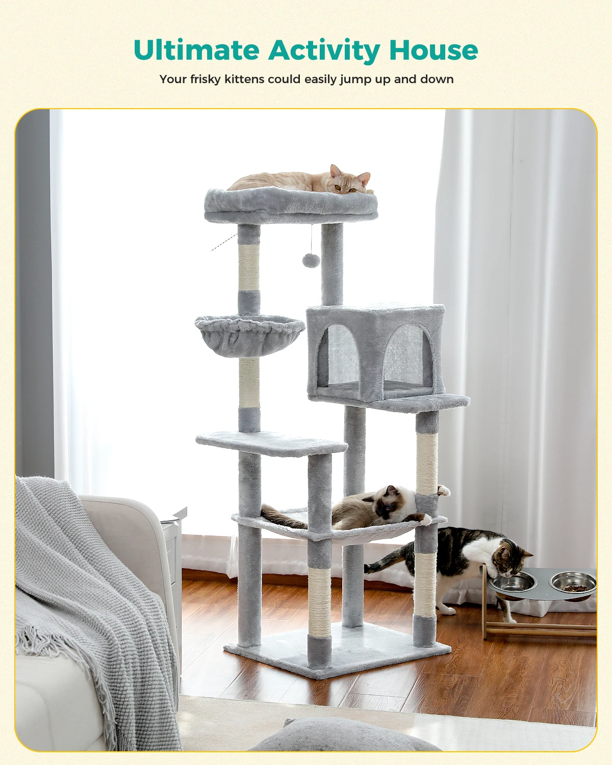 Cat Tree Plush Cat Tower Multilevel Cat Play House with Sisal Scratching Posts, Spacious Hammock and Large Condos Upgrade