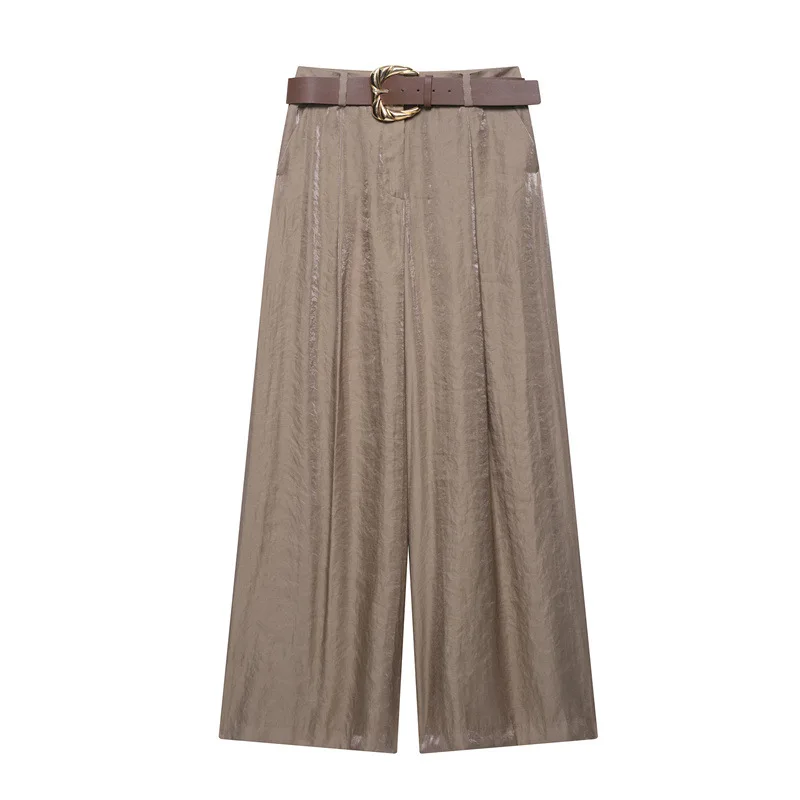 

Autumn Women's High Waist Wide Leg Pants Silk Satin Feel Casual Trousers with Belt Straight Cut Loose Fit Long Pants