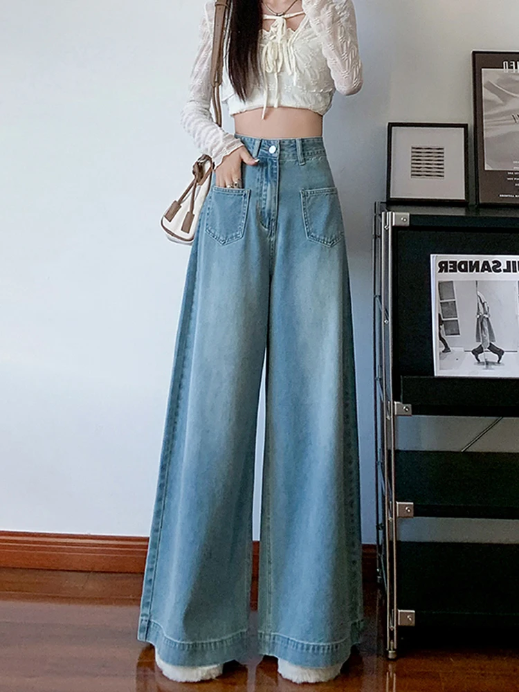 Calça jeans folgada de cintura alta feminina, moda Harajuku vintage, jeans de perna larga, roupas femininas, moda verão, Y2K