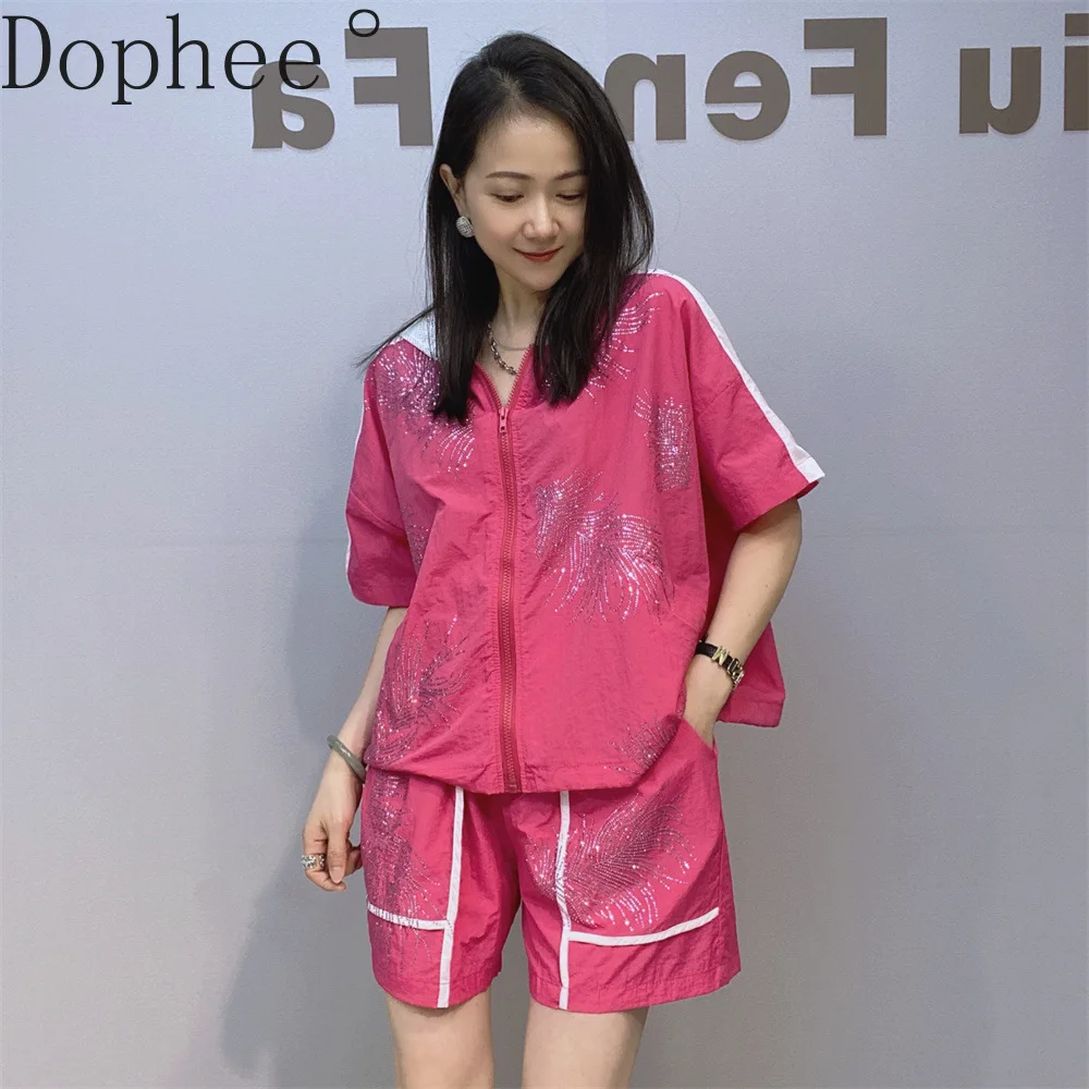 

Lightweight Female Sunscreen Suit New Summer Loose Hooded Zip Cardigans Coat Hot Drilling Short Sleeve Jacket + Casual Shorts
