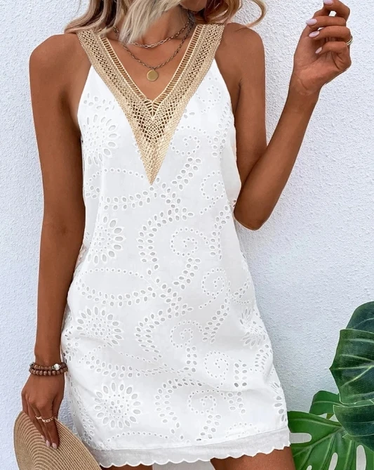 2024 Sommer Damen kleid elegante Pendel mode Basic Kontrast Spitze V-Ausschnitt ärmellose Öse Stickerei gerade Mini kleid