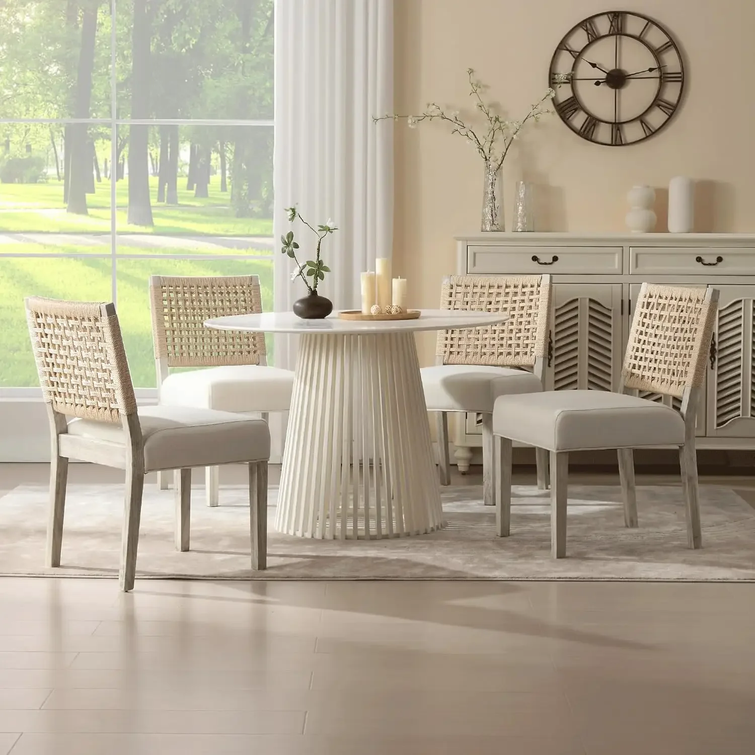 

Modern Farmhouse Dining Chairs Set of 6, Linen Kitchen Chairs with Rattan Back, Upholstered Solid Wood Accent Side Host Chair