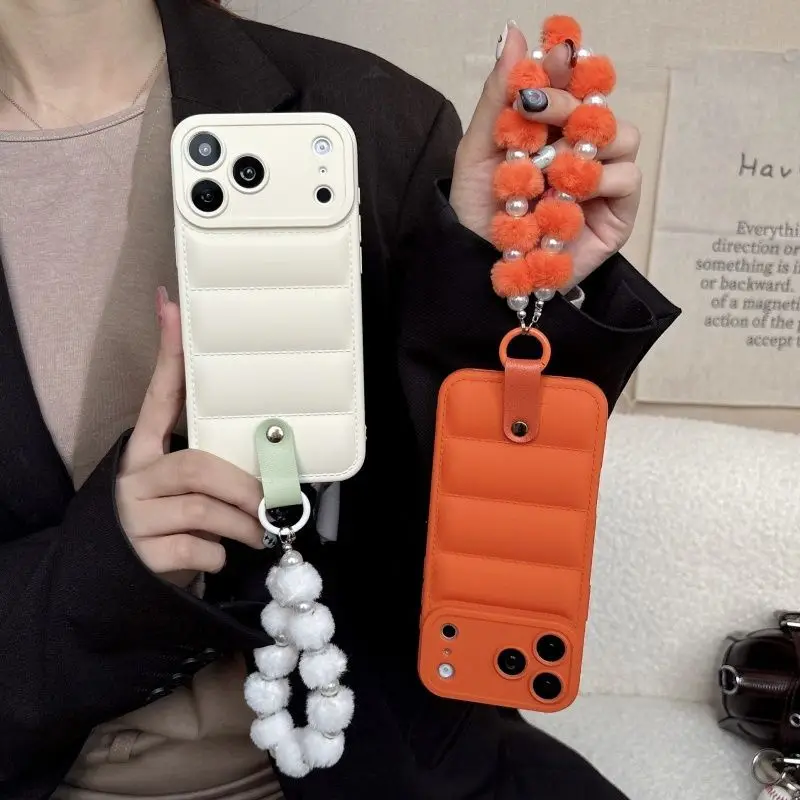 Luxury Down Jacket Wave Side Plush Bracelet Phone Case For iPhone 17 16 16E 15 14 13 12 11 Pro Max Air X XS SE 7 8 Plus XR Cover