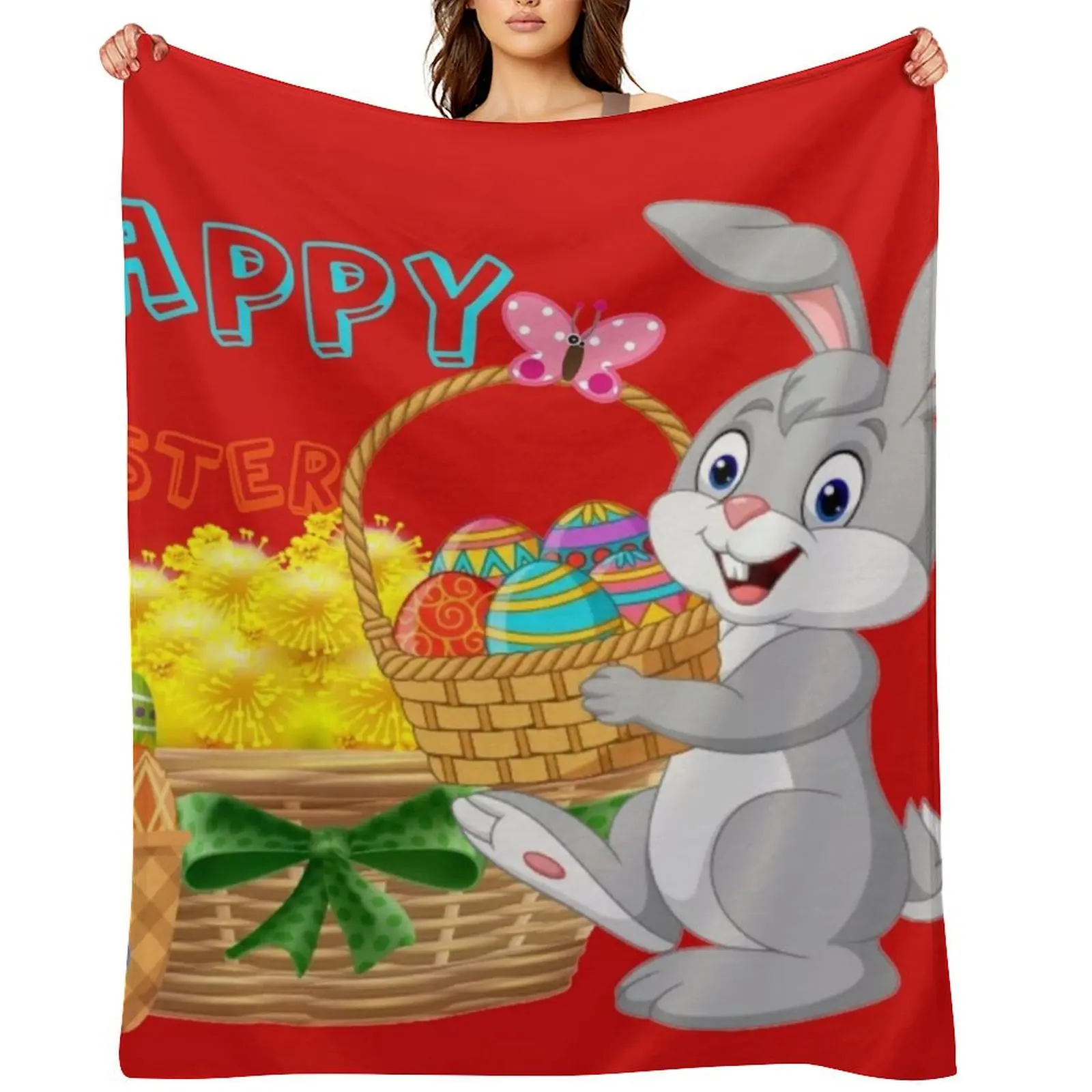Happy Easter - Bunny With Dandelions and Easter Eggs Throw Blanket Heavy Soft Big Polar Blankets