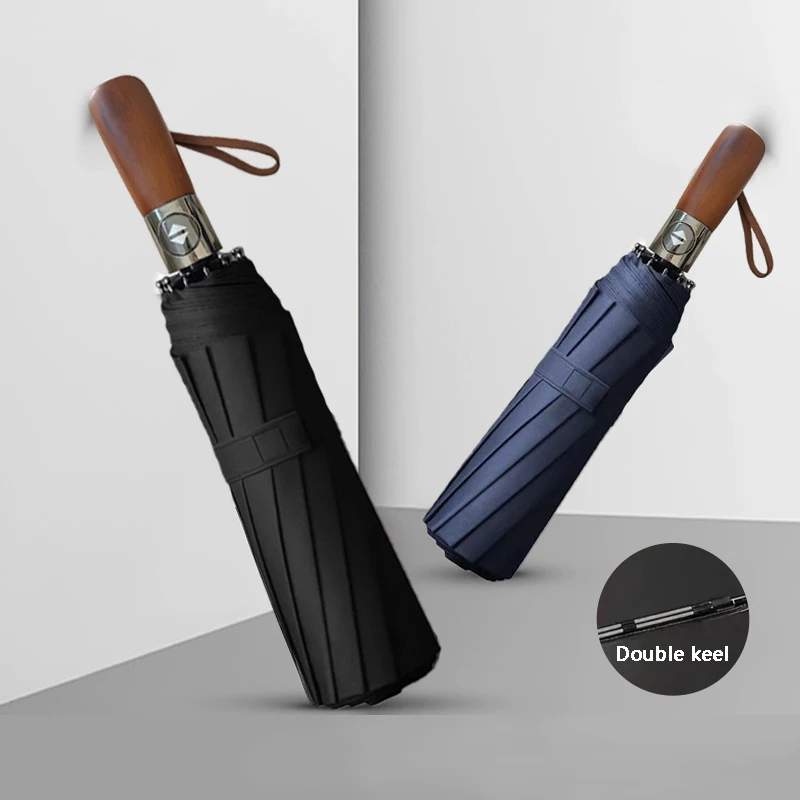 Red leaf Men Business Style Automatic Folding Rain and Sunshade Anti-UV Umbrella Wood handle Black glue coating Big umbrella