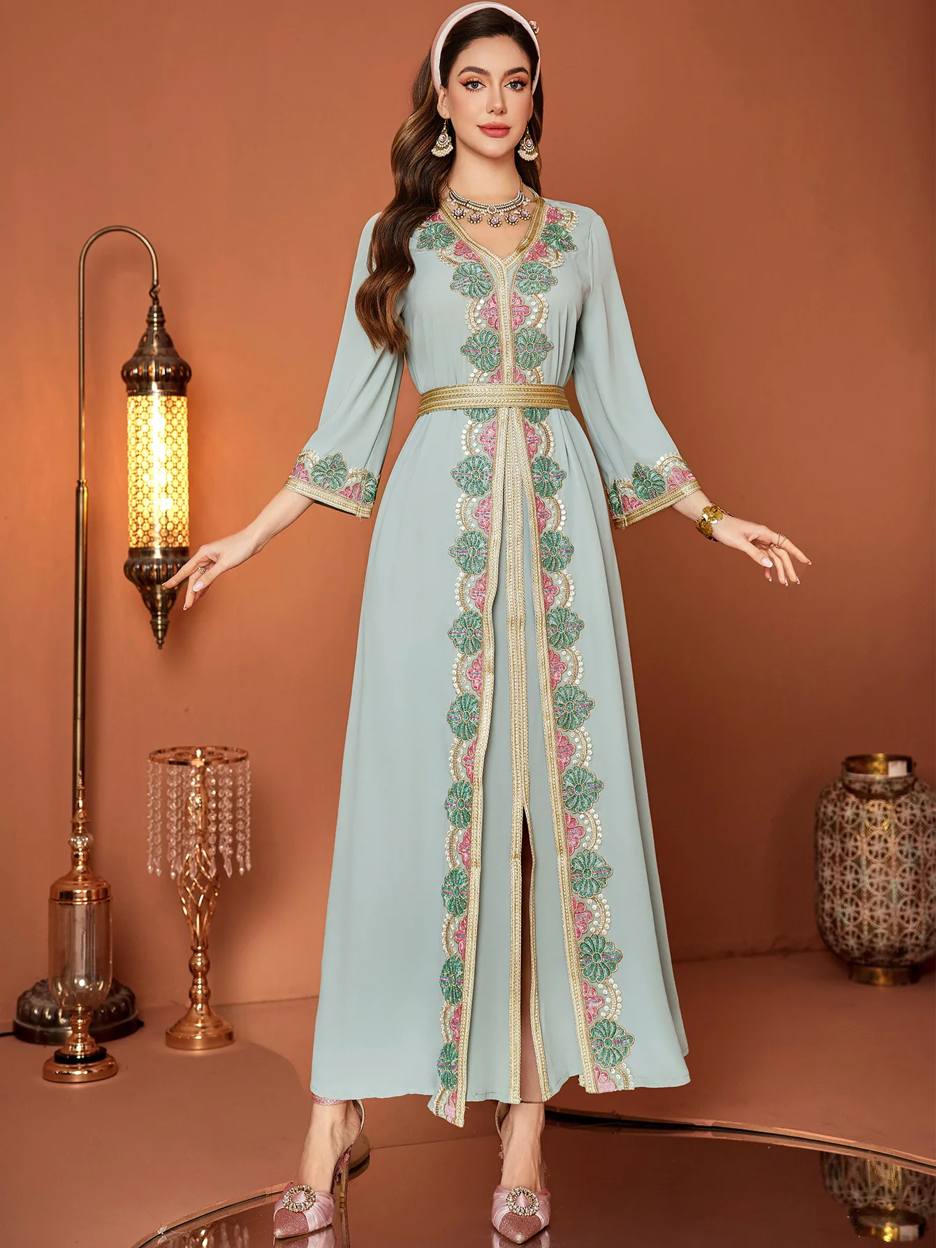 Eid Robe musulmane femmes Abaya dentelle faux 2 pièces col en V robes longues robes Largos fête Caftan Jalabiya Ramadan longue Robe 2025