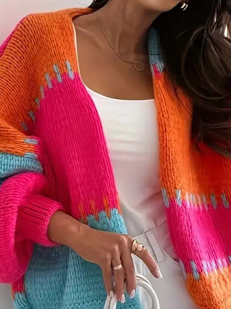 

Elegant Lady V-neck Loose Knit Coat New 2025 Fashion Lantern Sleeve Commuting Outwear Color Blocking Long Sleeve Autumn Cardigan