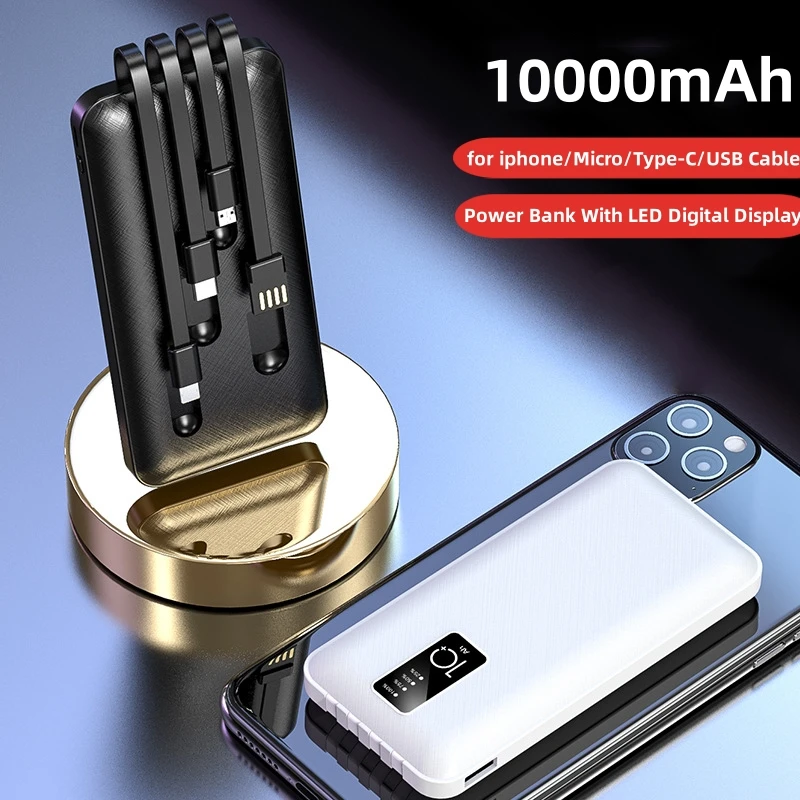 

10000mAh Power Bank Portable Charger Powerbank for iPhone 15 14 Xiaomi Huawei Samsung Poverbank Built in 4 Cable Spare Battery