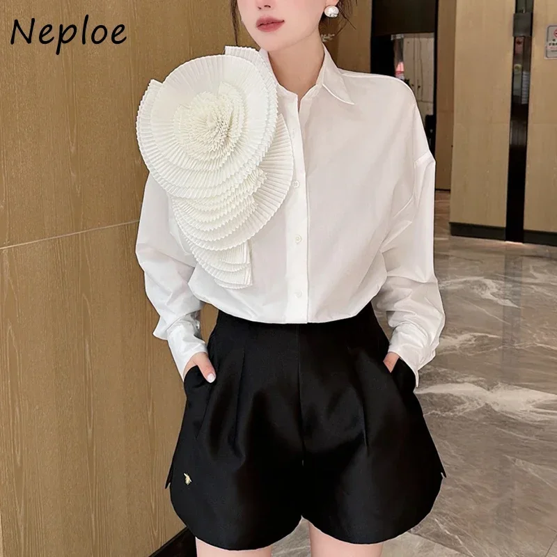 Neploe Chic Pleated Flower Shirt Femme 2024 Early Spring Korean Simple Versatile Sweet Casual Mid Length Lapel Collar Blouses