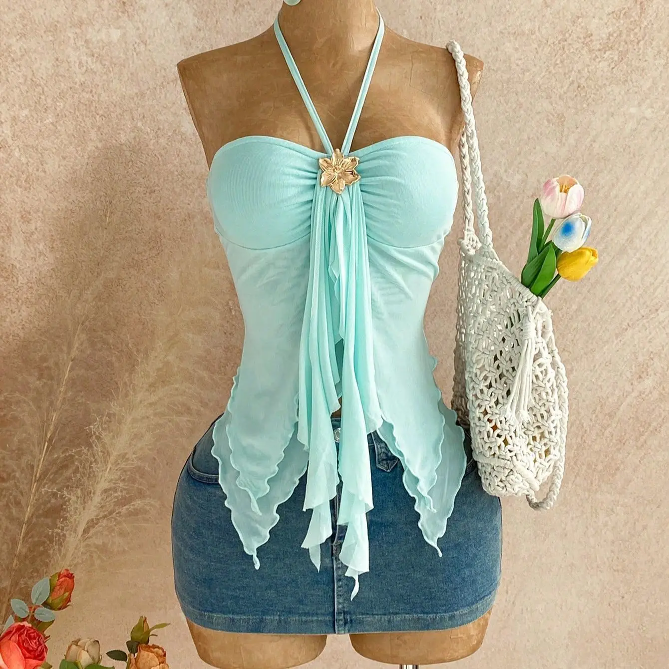 

New Solid Color INS Resort-style Slim-fit Sexy Halter Neck Strapless Mesh Tank Top For Women